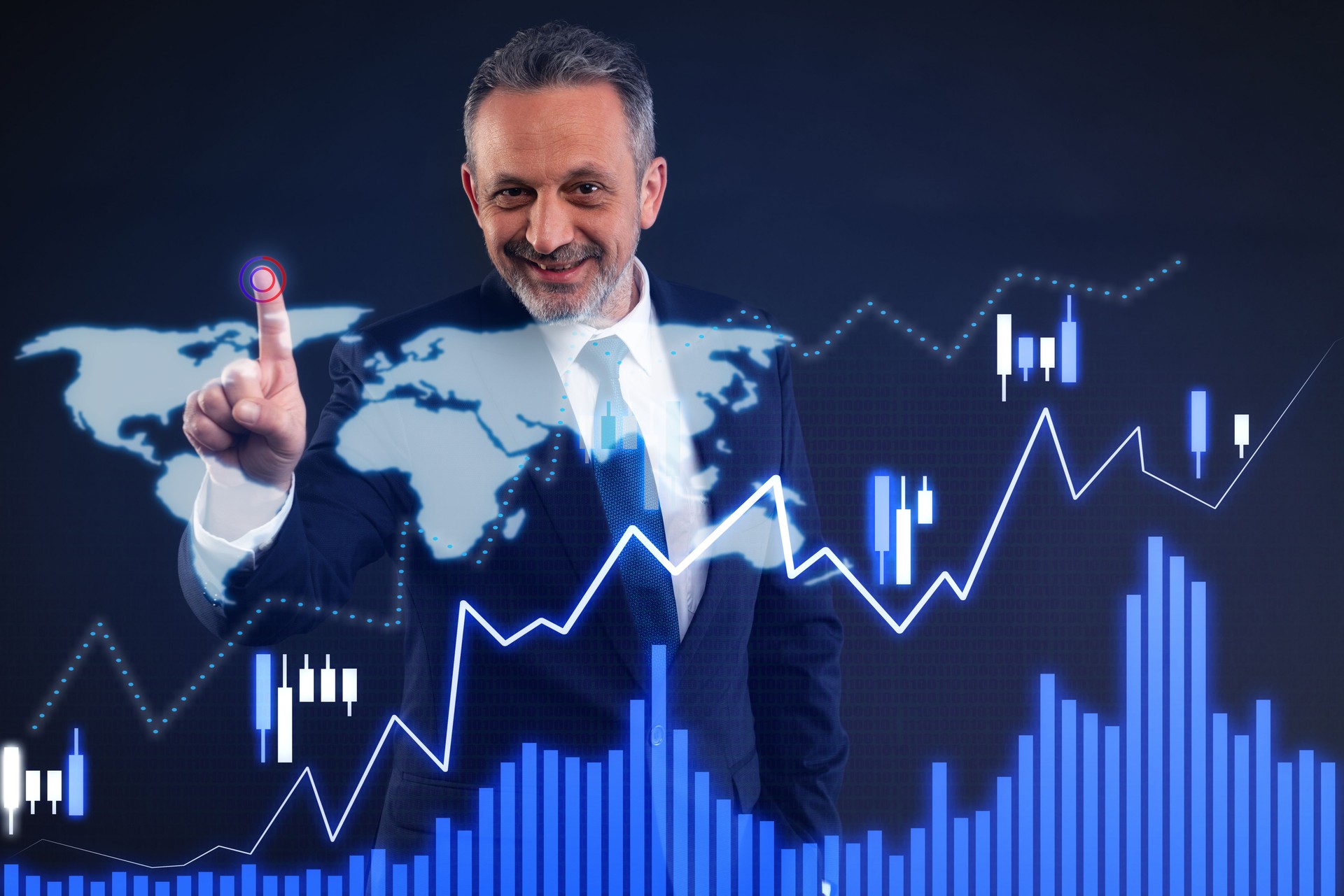 Businessman analyzing global stock market trends