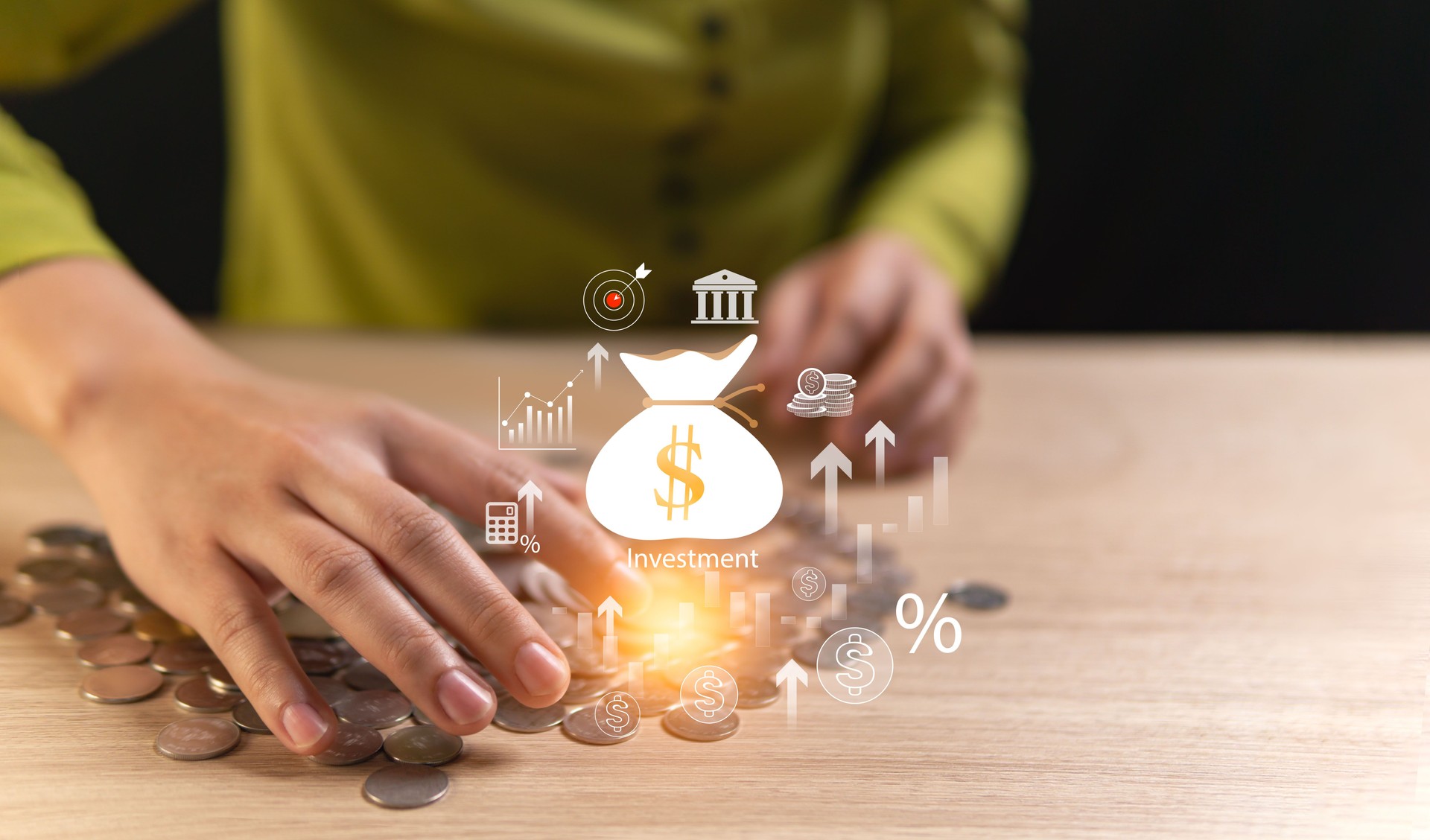 Finance and investment concept. Income profit interest rate percentage and dividend from a bank. Rich and successful business. Businesswoman hand-holding pile of coins and virtual money bag icon.